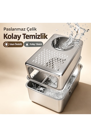 Techtic Paslanmaz Metal Kedi Tuvaleti Metal Kum Kabı Çift Girişli Kapalı Kedi-evcil Hayvan Tuvaleti