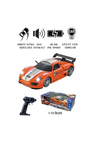 1:12 Ölçek Uzaktan Kumandalı Şarjlı Drift Arabası - Büyük Boy Işıklı Ve Sesli Yarış Arabası Turuncu Beyaz