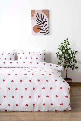 Kırmızı Kalpli Çift Kişilik Nevresim Takımı Pamuklu Beyaz
