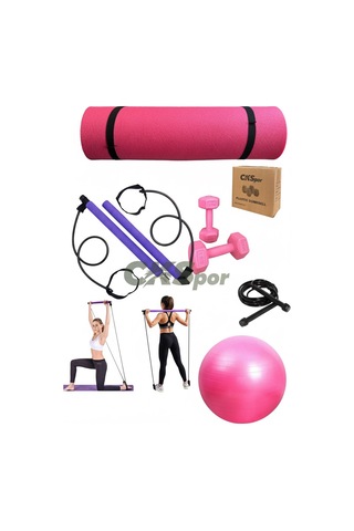 5 Li Pilates Seti 10mm Pilates Matı + Studio Topu + 1kg X2 Dambıl + Atlama İpi Ev Fitness & Full Body Egzersiz Seti Pembe