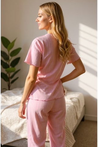 Bella Notte Mevsimlik V Yaka Pamuklu Fiyonk Detaylı Pijama Takımı Pembe