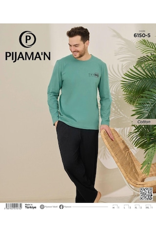 Pijamoni Erkek Pamuklu Bisiklet Yaka Uzun Kol İnce Pijama Takımı 6150/5 - 1 Adet Yeşil