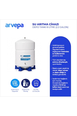 Arvepa Su Arıtma Cihazı 8 Litre (2.2 Galon) Çelik Depo Tankı - Uzun Ömürlü (Vana ve Altlık Dahil)