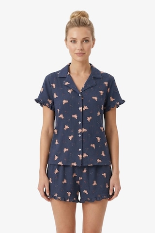 Cottonhill Lacivert Ayıcık Desenli Bürümcük Gömlek Yaka Kadın Şortlu Pijama Takımı