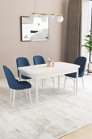 Familieconcept Almira Serisi, Beyaz 80x132 Açılabilir Mdf Mutfak Masası Takımı 4 Adet Sandalye Lacivert