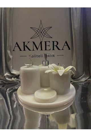 Akmera Afyon Beyazı Mermer 5 Parça Lüks Banyo Aksesuarı Beyaz