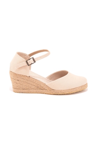 Star Tombis Gerçek Elişi Bej Bilekten Bantlı Topuğu Açık Keten Espadril Dolgu Topuk Handmade Bej