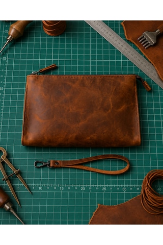 Vintage Leather Craft Hakiki Deri Erkek El Çantası Açık Kahverengi - Taba