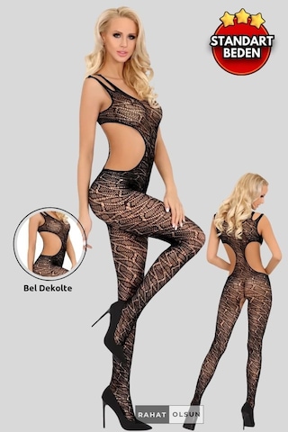 İnce File İp Askılı Derin Sırt Ve Bel Dekolteli Siyah Fantezi Vücut Çorabı Siyah
