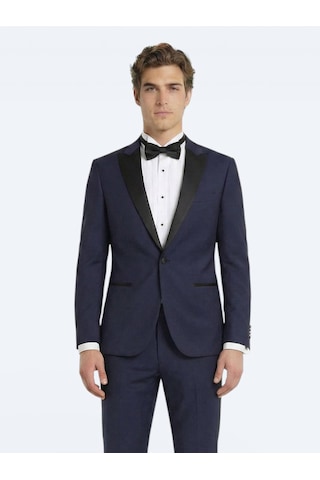 Kip Saks Düz Slim Fit Kruvaze Yaka Dokuma Smokin Takım Elbise Saks