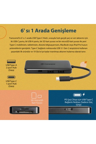 Transcend TS-HUB5C 2-Port Type-A,1-Port Type-C,1-Port PD,SD/MicroSD Gen 2 Type C HUB & Kart Okuyucu