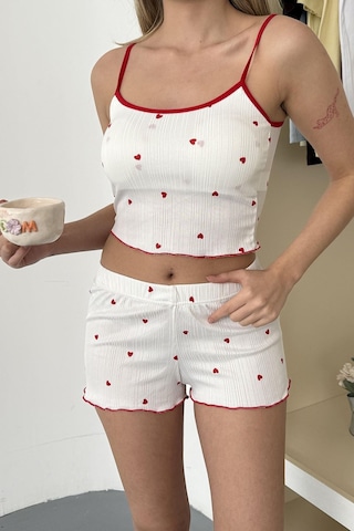 Giysa Kadın Askılı Kaplı Desenli Şortlu Pijama Takımı Beyaz - 3403