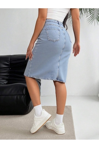 Shevega Kadın Taş Yikama Ön Fermuar Detayli Kot Etek Mavi