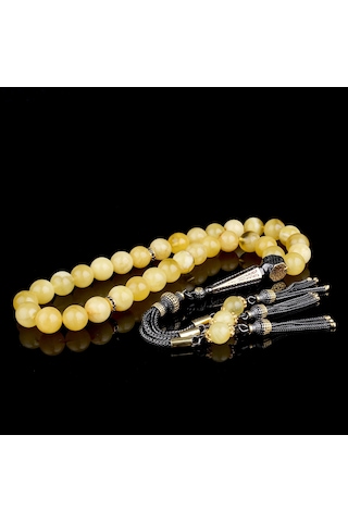 Çift Renk 925 Ayar Gümüş Püsküllü 10mm Küre Kesim Damla Keribar Tesbih Sarı