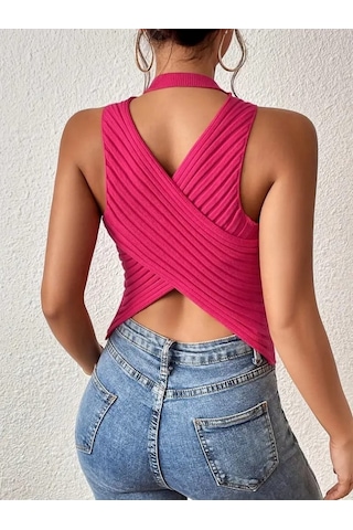 Kadın Sıfır Kol Sırt Çapraz Detay Triko Bluz Pembe