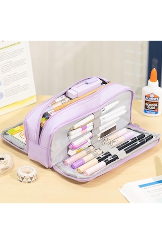 Okul Genç Kız Erkek İçin Büyük Kapasiteli Kalem Kutusu 3 Bölmeli Kese Kalem Çantası-mor