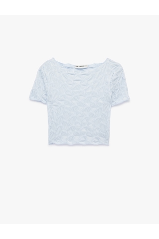 Koton Bürümcük Kumaş Slim Fit Kısa Kollu Kayık Yaka Crop Tişört Mavi 6sal10639ık