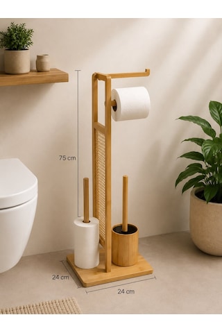 Morponi Ahşap Bambu Çok Amaçlı Tuvalet Kağıdı Askısı, Yedekli Stand Ve Banyo Fırçalık Seti Dk Gri