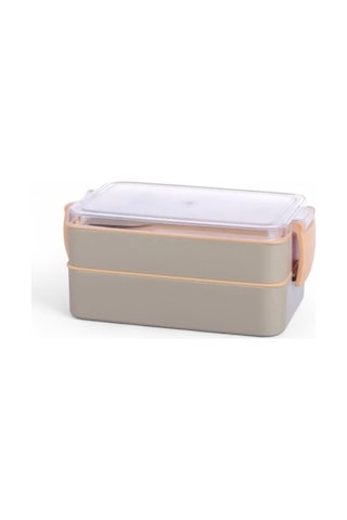 Titiz Fely 2 Katlı Öğle Yemeği Kabı - Çatal Kaşık Dahil - Sızdırmaz & Kilitli Lunch Box- Krem Renk Çok Renkli