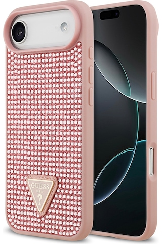 Apple Uyumlu iPhone 17 Air Kılıf Guess Lisanslı Taşlı Arka Yüzey Üçgen Logolu Kapak Pembe