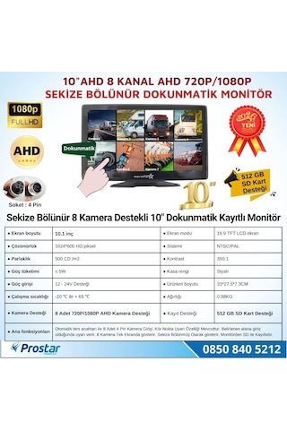 10 İnç 8 Kanal Dokunmatik Ahd 1080p/720p Kayıtlı Araç Monitörü 12-24v