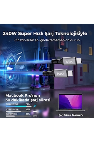 Bix BXCC242 USB4 240W 40Gbps 8K UHD Şarj Görüntü Kablosu 1 Metre