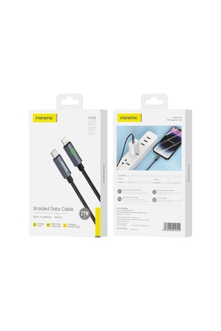 Foneng Xs08 27w Type-c To Lightning Işıklı Örgü 1.2m Hızlı Data Ve Şarj Kablosu