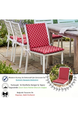 40x40 Cm Kırmızı Arkalıklı Sandalye Minderi Pamuk Polyester Kumaş İpli Sırtlı Mutfak Ve Bahçe Minderi