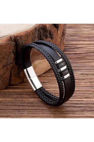 Erkek Hakiki Deri Bileklik Siyah Manyetik Toka Bileklik Db5019 Gri