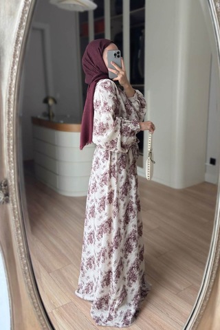 Kahijab Çiçek Desenli Yarasa Kol Astarlı Elbise - Bordo