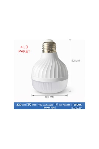 Led Ampul 220 Volt 30 Watt 3300 Lümen Beyaz Işık 6500 K Işık Sıcaklığı Hüzme Açısı 240 Derece