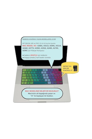 Macbook Uyumlu Arapça Klavye Koruyucu Uk Ters L Enter M1-m5 A2681 A3113 A3240 A3449 A2941 A3241 A2442 A2779 A2992 A2485 A2991 Arabic Keyboard Cover Pembe Yeşil