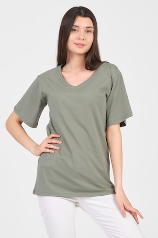 As Collection Yeşil V Yaka Kısa Kol Boyfriend Kadın T-shirt Yeşil