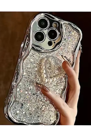 Caş Dekorasyon Gri Renk Simli Kalpli 13 Pro Max Telefon Kılıfı Gri