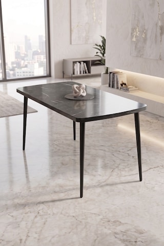 Runes Serisi Mdf Sabit 80x130 Siyah Mermer Desen Mutfak Masası Takımı 6 Sandalye Siyah Mermer Masa Gri Sandalye