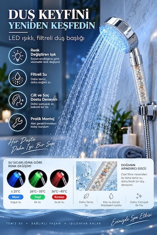 Sıcaklığa Duyarlı Led'li Arıtmalı Duş Başlığı Krom