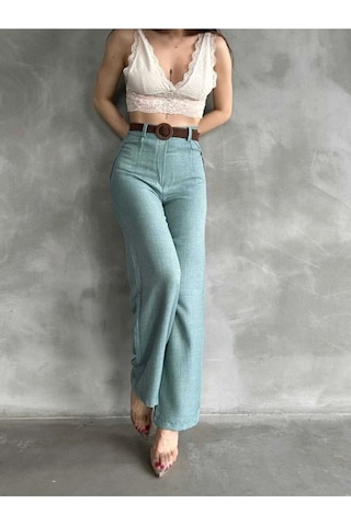 Tane Tasarım Kadın Yazlık Trend Beli Kemerli Keten Pantolon Yeşil Yeşil