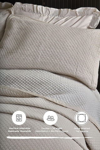 Evlen Home %100 Pamuk Çift Kişilik Özel Taş Yıkama Yatak Örtüsü Lüks Yumuşak Dayanıklı Modern Vitali Bej