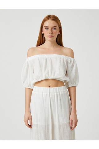 Koton Crop Bluz Omzu Açık Balon Kollu Beyaz 3sak60136cw 3SAK60136CW000