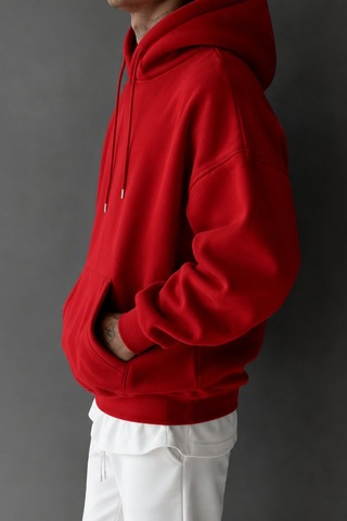Tarz Cool Regular Kapüşonlu Sweatshirt Erkek Unisex 3 İplik Şardonlu %100 Pamuk Basic Hoodie Kırmızı