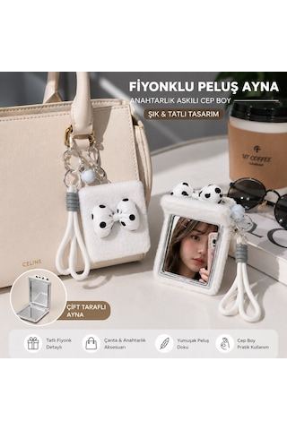 Beyaz Peluş Siyah Beyaz Fiyonk Tasarımlı Çift Taraflı Katlanabilir Makyaj Aynası Çanta Aksesuarı Çok Renkli