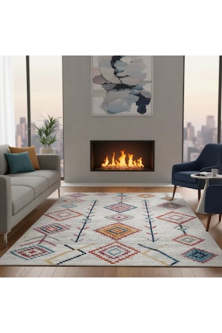 Krem Ve Çok Renkli Boho Motifli Otantik Dijital Baskı Halı Kaymaz Tabanlı, Geometrik Desenli Taban