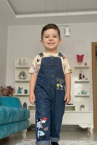 Nota Kids Baskılı Çocuk Kot Salopet Trend 2 Parça Kombin 3-6 Yaş Çok Renkli