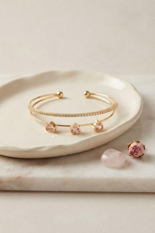 Pembe Kalp Model Zirkon Taşlı Gold Renk Kadın Bileklik Çok Renkli