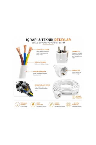 3x2.5mm Ttr Tekli Beyaz Topraklı Kauçuk Uzatma Kablosu 40 Metre