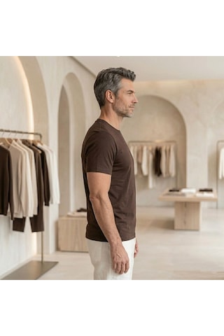 D's Damat Erkek T-shirt, Regular Fit Bisiklet Yaka Esnek Pamuklu Günlük Kısa Kollu Tişört Koyu Kahverengi Renkli