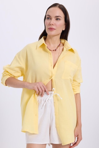 Tudors Kadın Oversize Geniş Kesim %100 Pamuk Müslin Kumaş Uzun Kollu Cepli Dokulu Sarı Gömlek-37931 Sarı