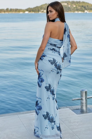 Hiccup Straplez Desenli Bodycon Maxi Tül Elbise Mavi