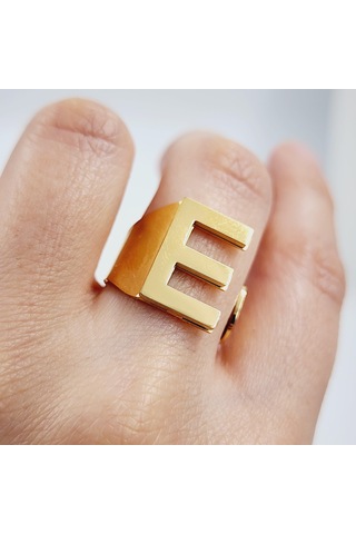 Çelik Gold Düz Kesim Harf Yüzük -e Harfi- Ayarlı Ölçü-1892