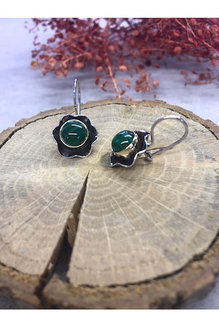 Malahit Malakit Taşı Gümüş Küpe 925 Ayar Doğal Taş